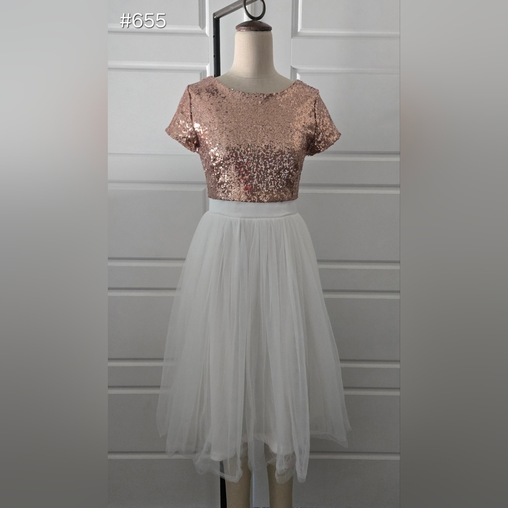 Rosegold Sequins and White Tulle Midi Semi Formal Dress